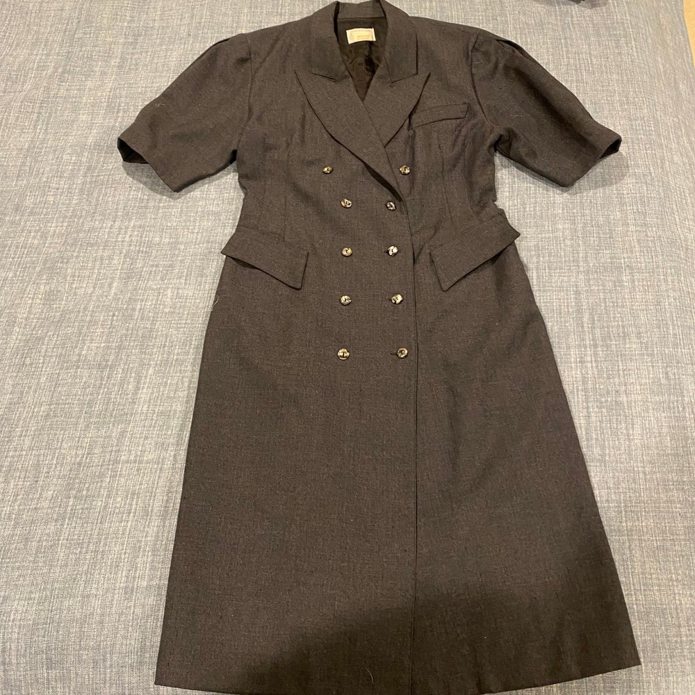 George Georgiou Wool Double Breasted Blazer Dress Short Sleeve Midi Gray Sz M ->